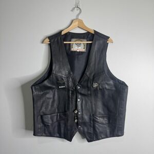 Bullmaster Leather Vest Mens 2XL Black Biker Motorcycle Riding Snap Front Lined